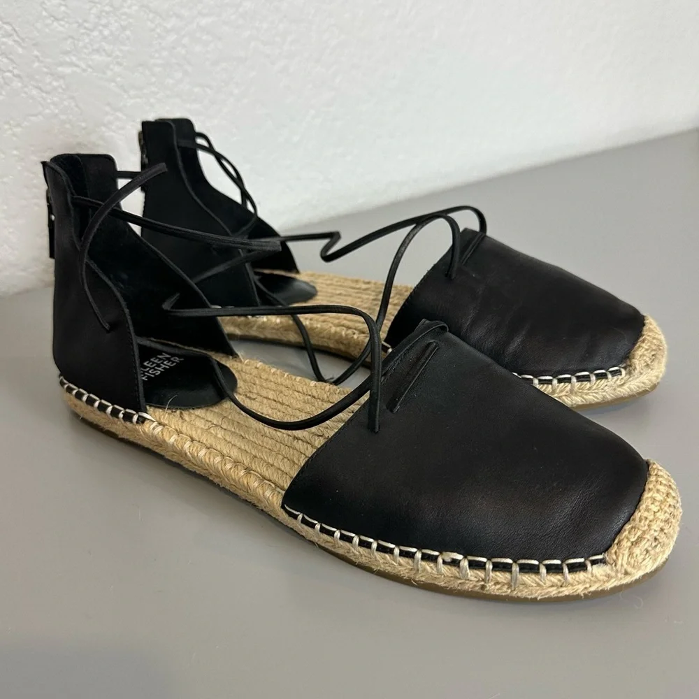 Eileen Fisher Black Leather Strappy Espadrilles